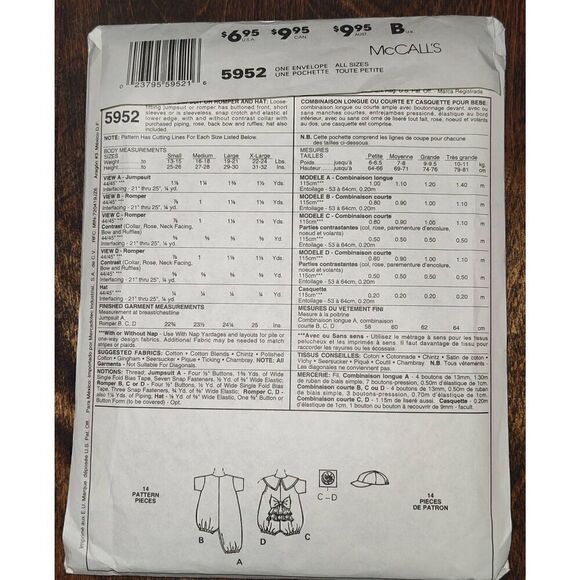 McCall's Sewing Pattern 5952 Infants Jumpsuit Romper Hat S-XL  UNCUT - Picture 2 of 2